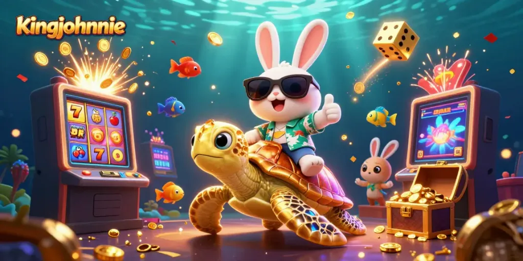 Engage with kingjohnnie's exhilarating online casino games featuring a lively lucky rabbit and a golden turtle.