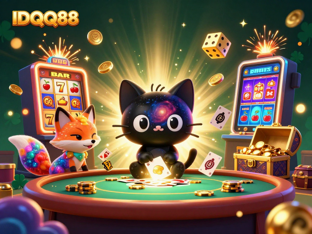 IDQQ88 engages players at a cosmic casino table with vibrant colors and thrilling gaming elements.