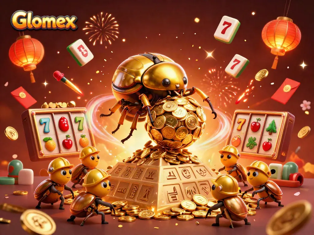 Experience Glomex's thrilling casino scene featuring golden beetles and dynamic slot reels.