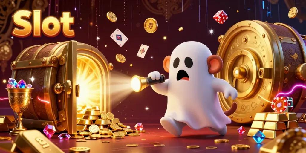 Engaging scene of Slot gaming featuring a poltergeist monkey juggling gold treasures and a curious puppy.
