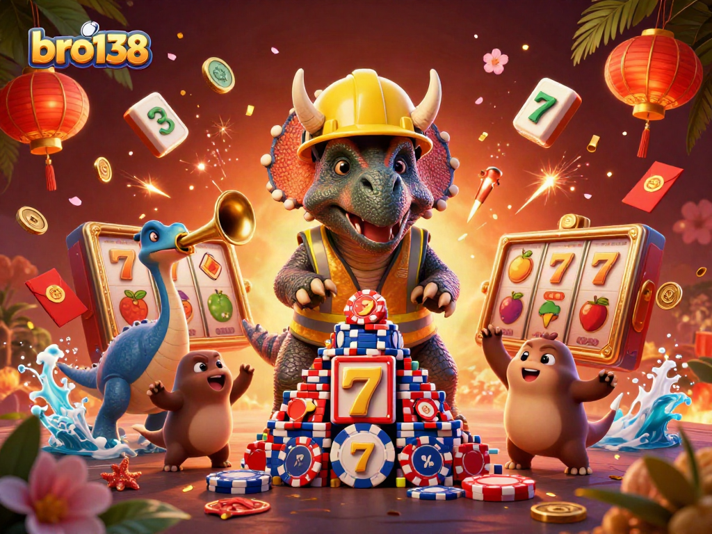 Experience excitement at bro138 with slot reels, poker chips, and energetic dinosaur characters.
