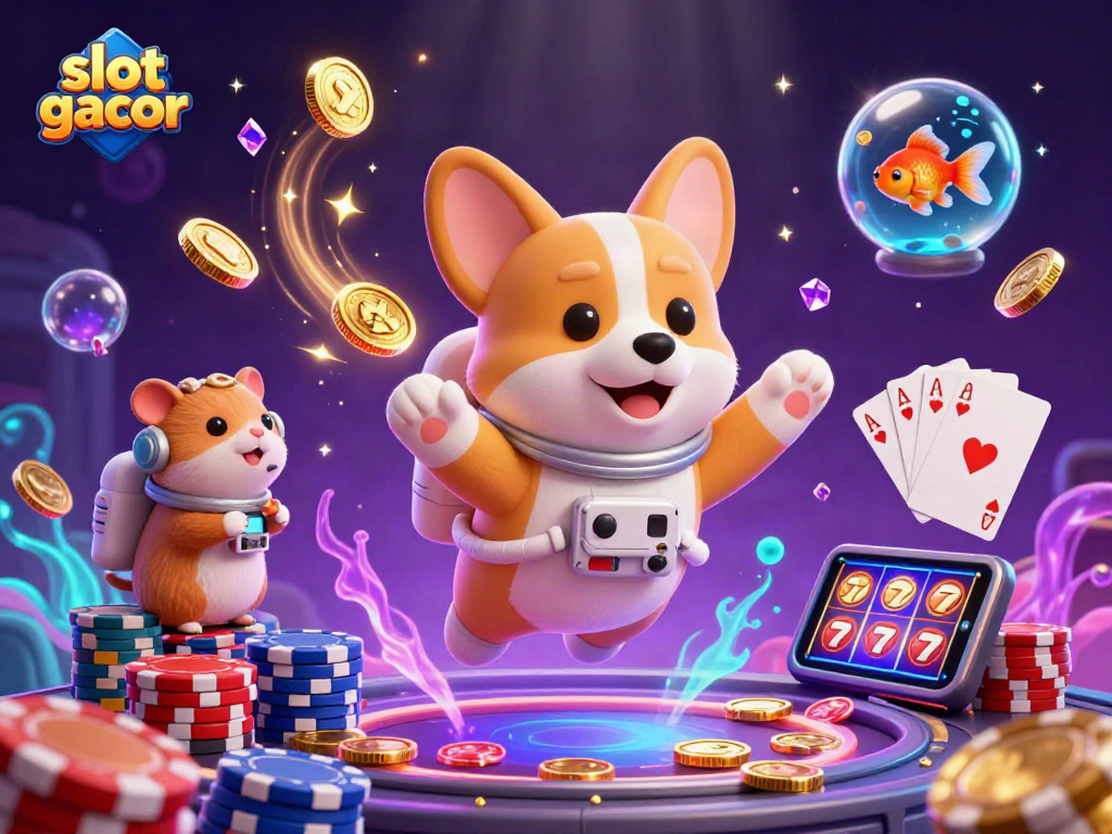 Experience the thrill of slot gacor in this vibrant illustration of a space casino with playful characters.