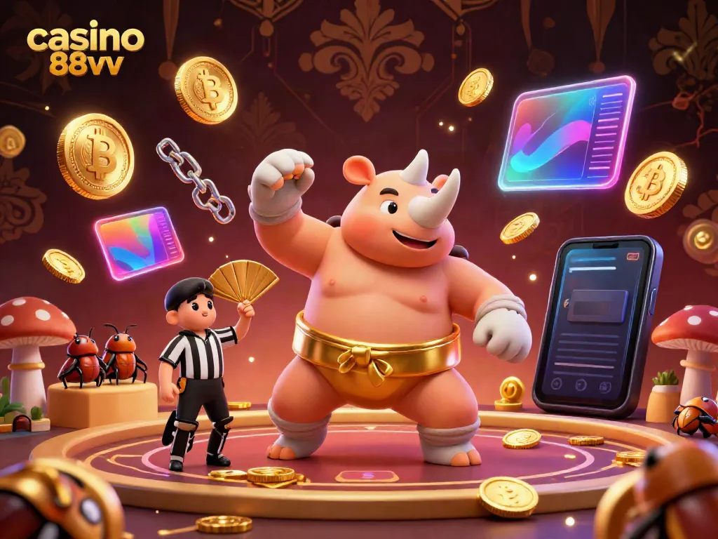 Experience the thrill of casino 88vv with a vibrant cartoon scene, where a sumo beetle champion reigns amidst flying coins!