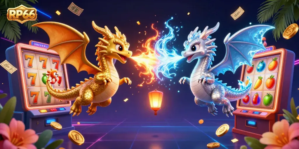 Engage with RP66 slot games featuring vibrant gold and silver dragons amidst a dynamic casino explosion.