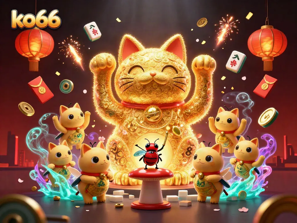 Engage with ko66's lively casino world featuring a golden lucky cat and dynamic gaming elements.