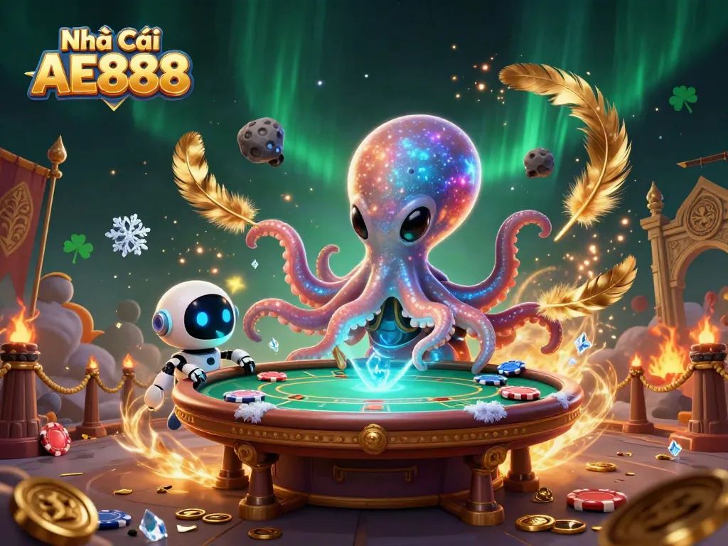 Join the excitement at Nhà Cái AE888 with a cosmic casino scene featuring alien poker!