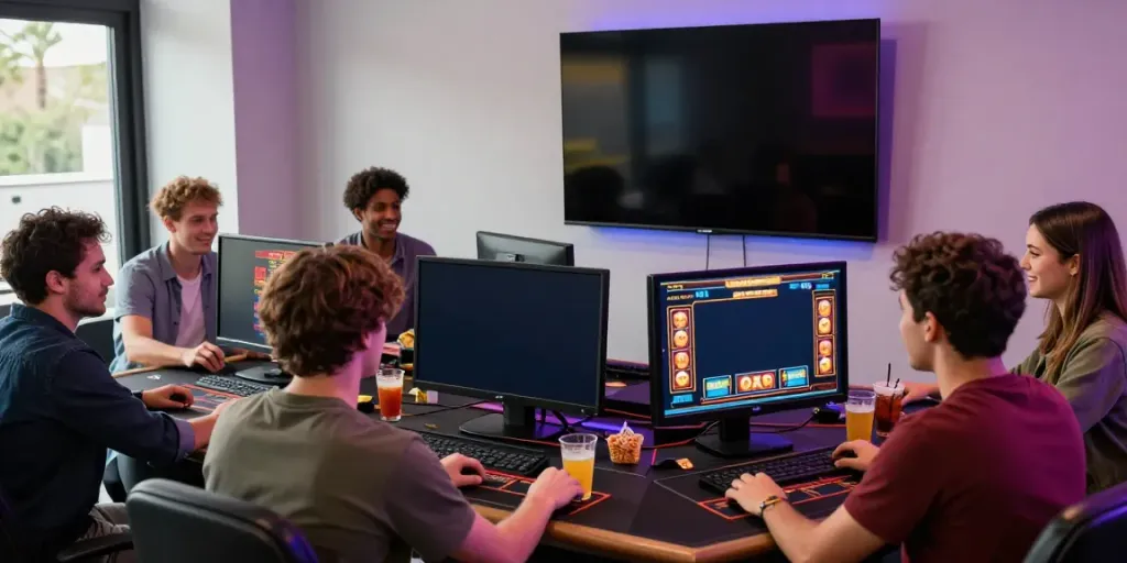 A vibrant online gambling scene with friends enjoying akunjp gaming, screens displaying slot games and live dealers.