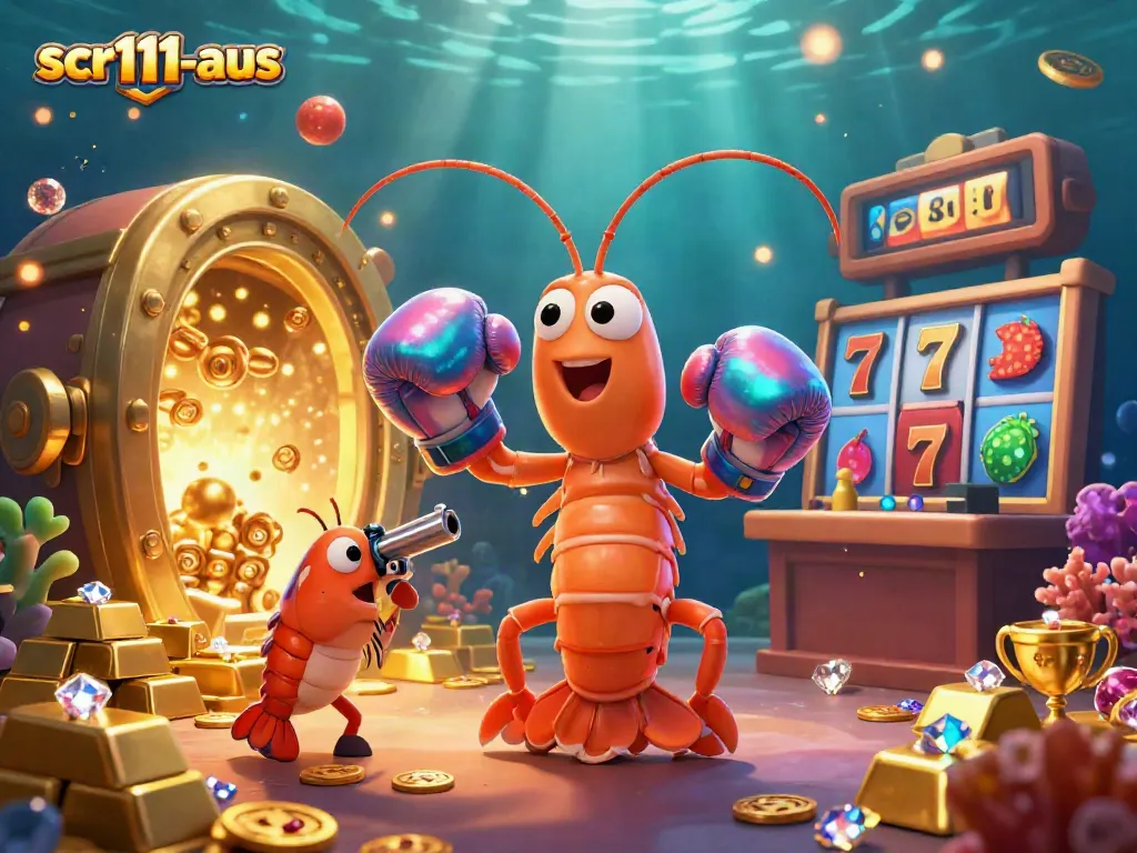 Engaging illustration depicting scr111-aus with a vibrant casino theme showcasing the mantis shrimp and treasures.