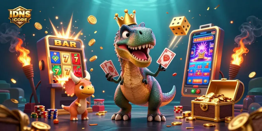 IDNSCORE showcases a vibrant T-Rex shuffling cards, with a pterodactyl and triceratops amidst dynamic casino elements.