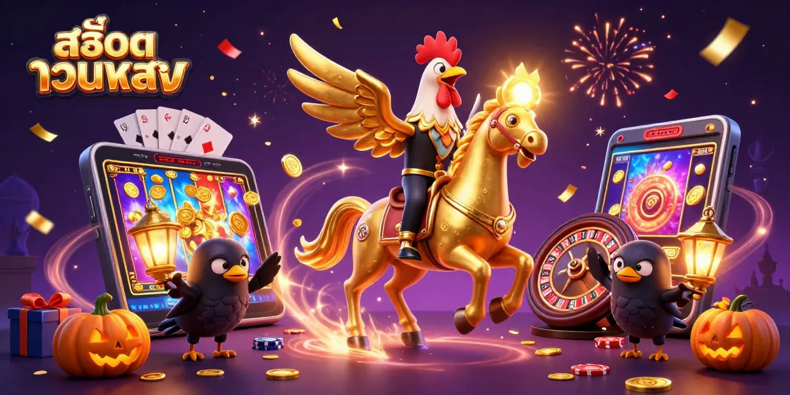Win big at สล็อตเว็บตรง casinos with vibrant casino imagery of 3D golden rooster and slot games.