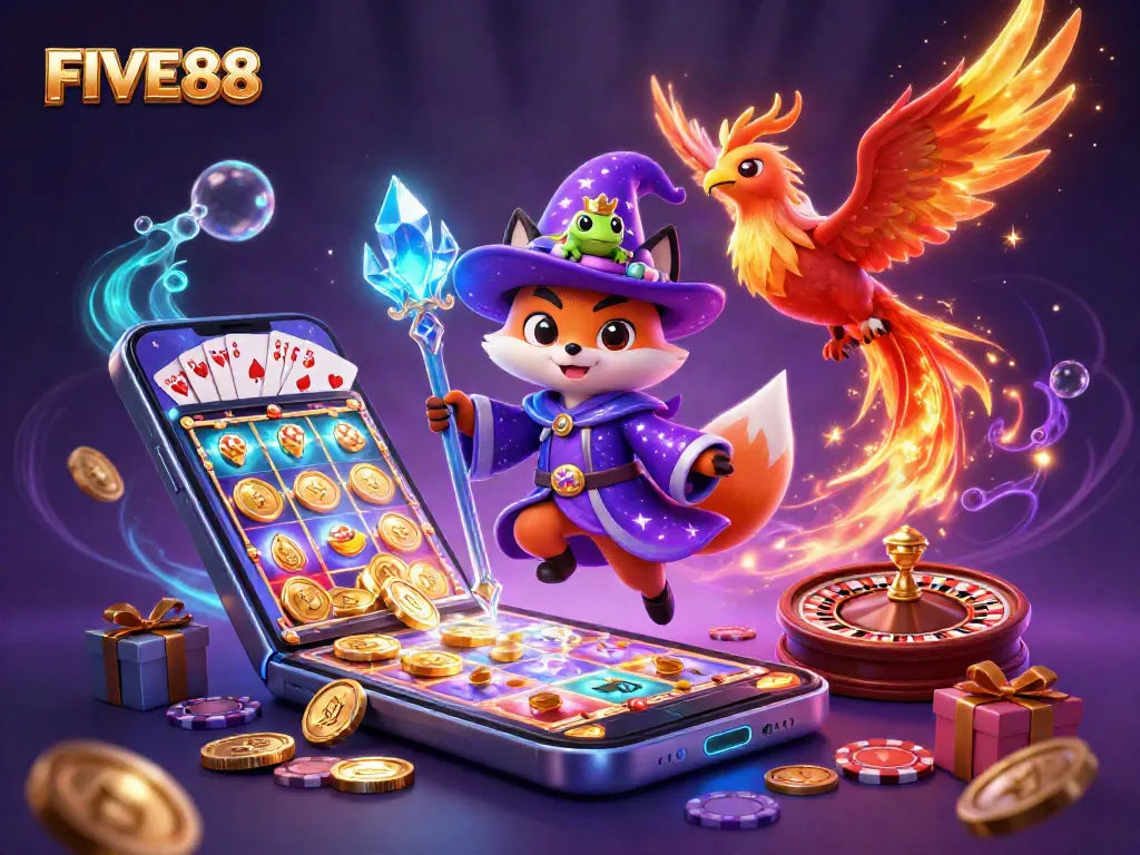 Engage with FIVE88’s dynamic casino experience featuring a wizard fox, phoenix, and vibrant game elements.