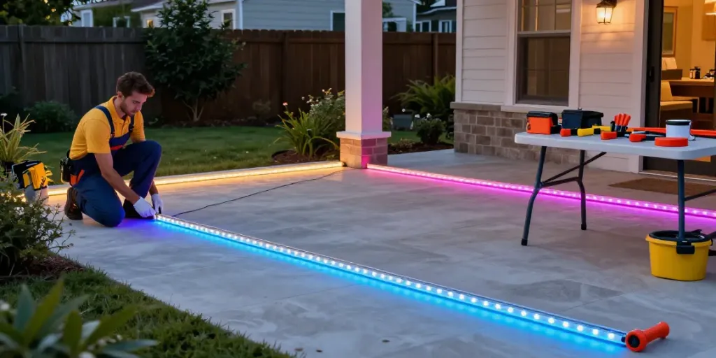 Instalator profesionist montând banda LED 220V pe terasă, iluminat vibrant, atmosferă de încredere.
