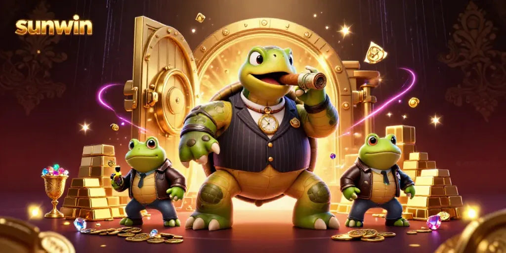 Engaging sunwin casino scene featuring a cartoon turtle and bullfrogs surrounded by gold and gems.