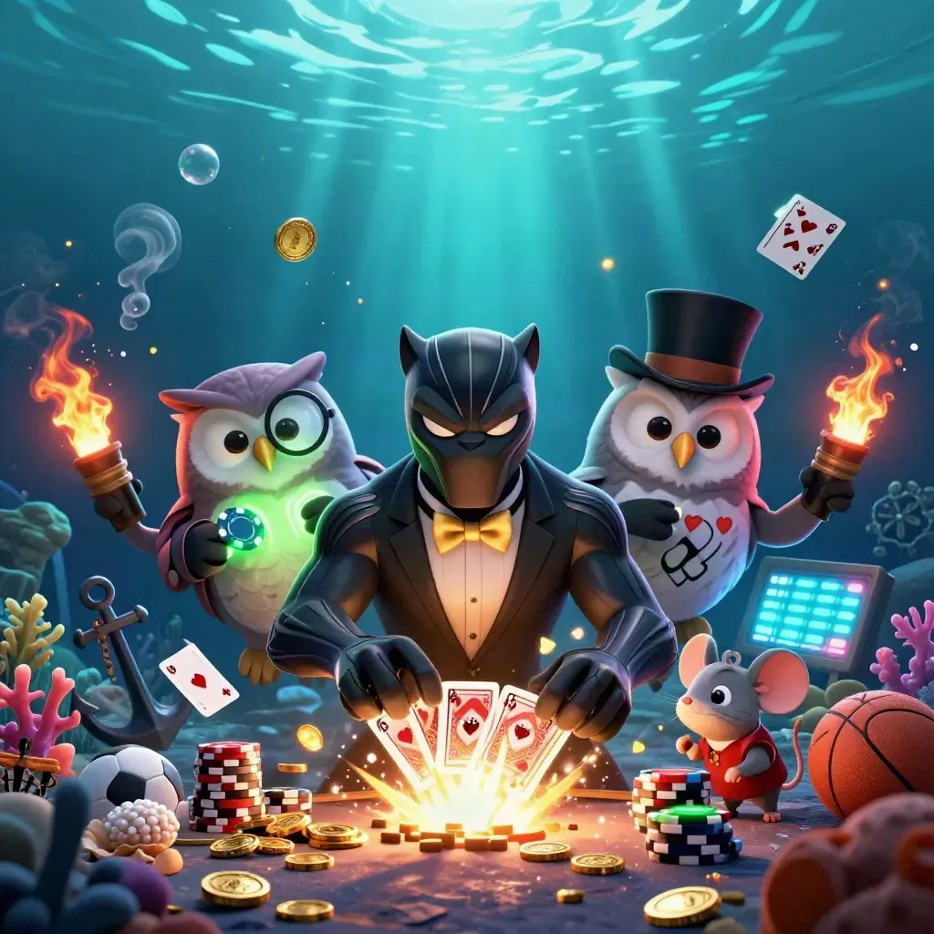 Panther, owl, and mouse in a neon underwater treasure cove with cards, coins, and coral.