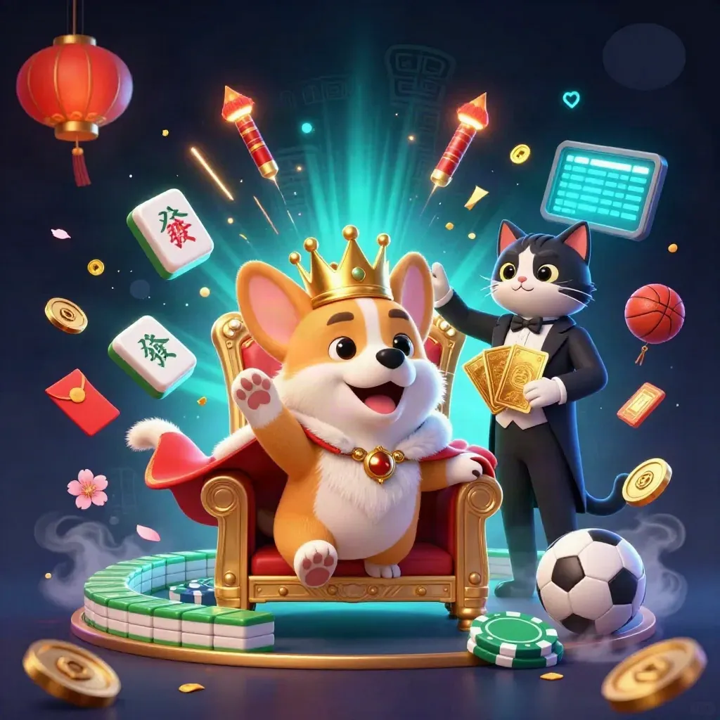 Royal corgi and cat butler amid neon casino treasure, lanterns, petals, and glowing sports props.