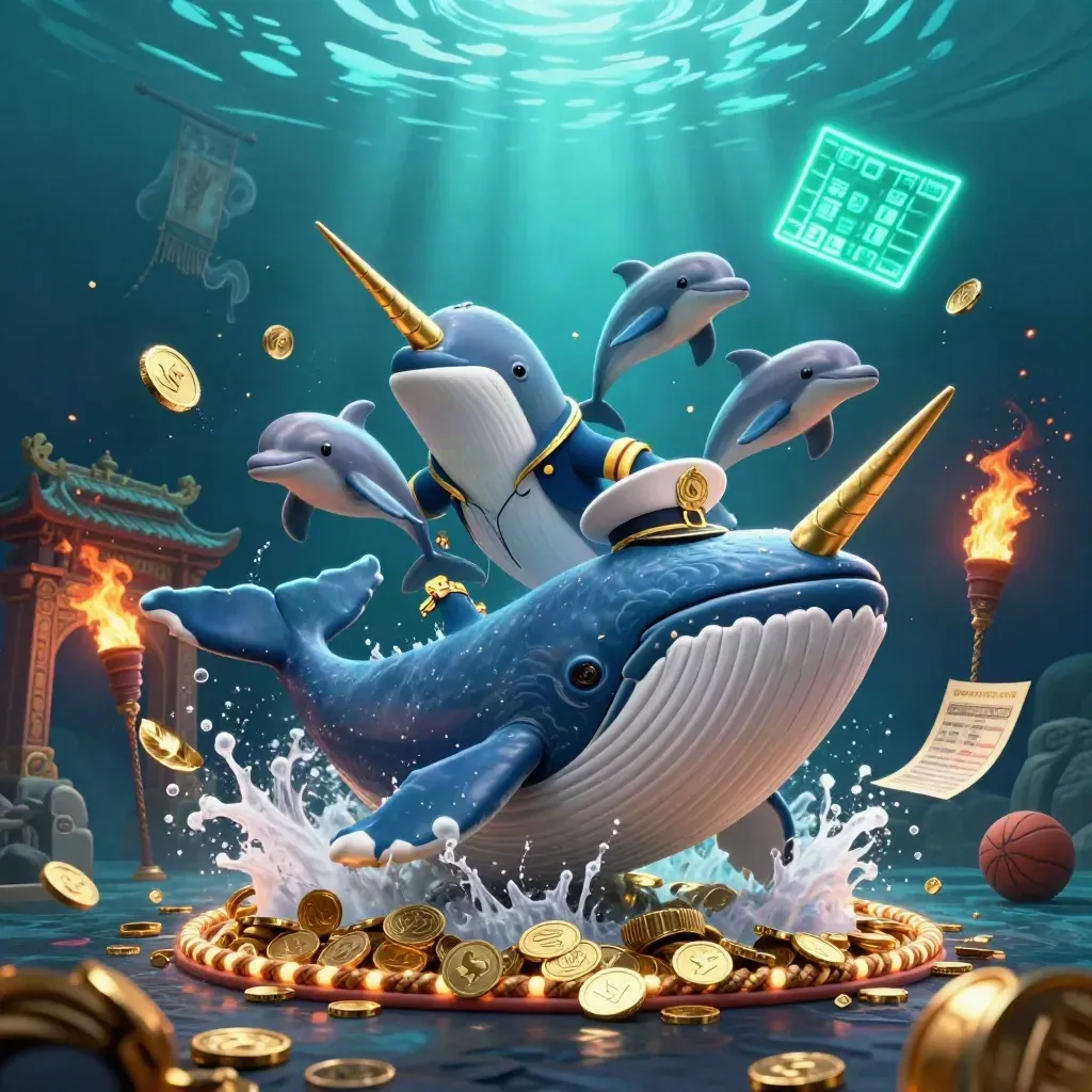 Whale captain, narwhal, and dolphins amid coins, sparks, and casino sports props