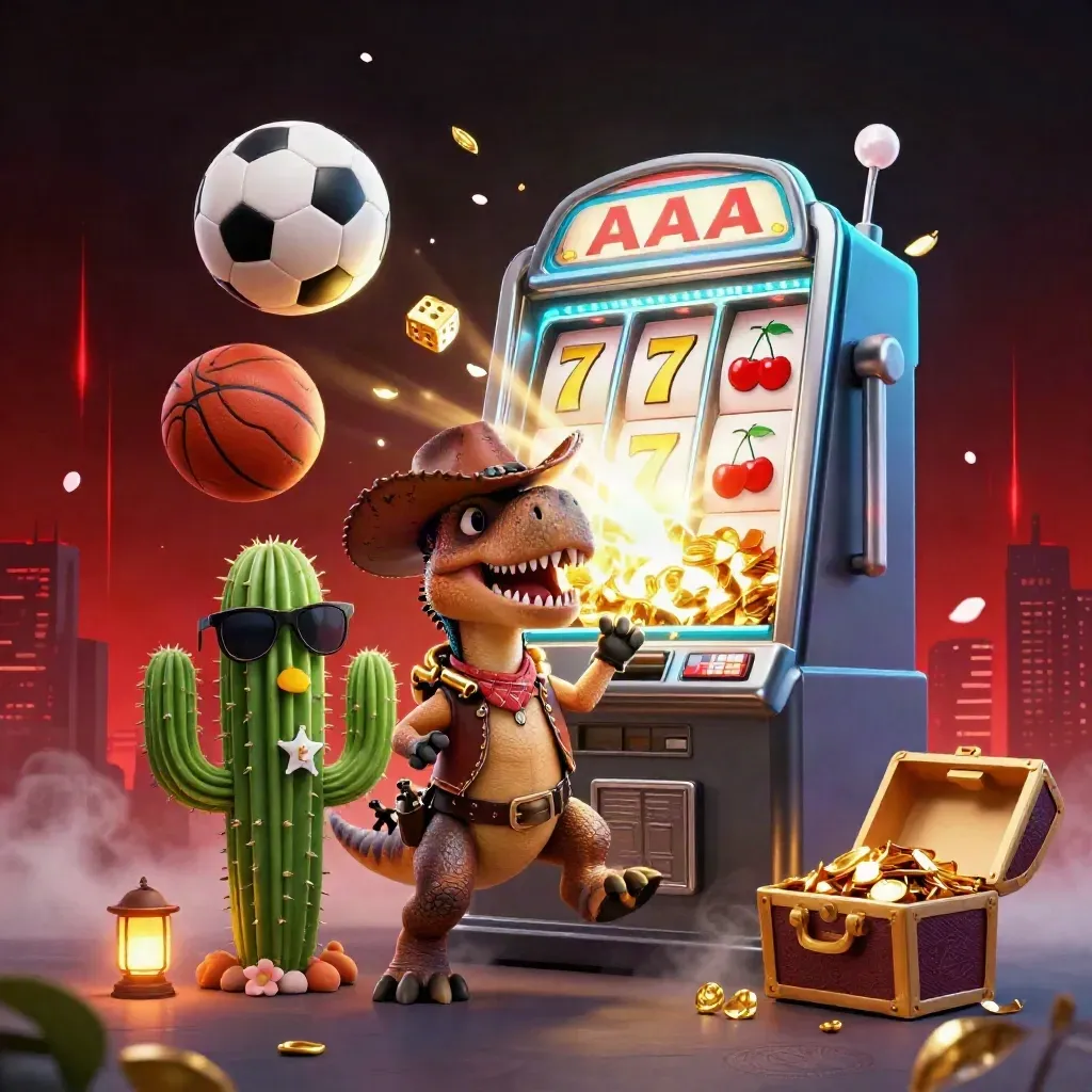 Cowboy T-Rex, cactus, and roadrunner explode amid slot symbols, gold, and neon lights.