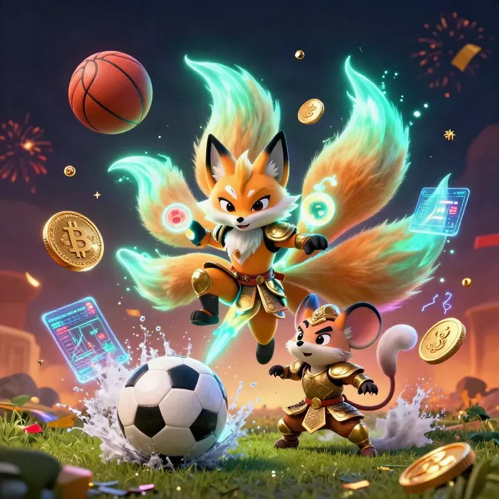 Neon fox spirit and samurai mouse amid soccer ball, crypto coins, and casino energy on a fiery backdrop