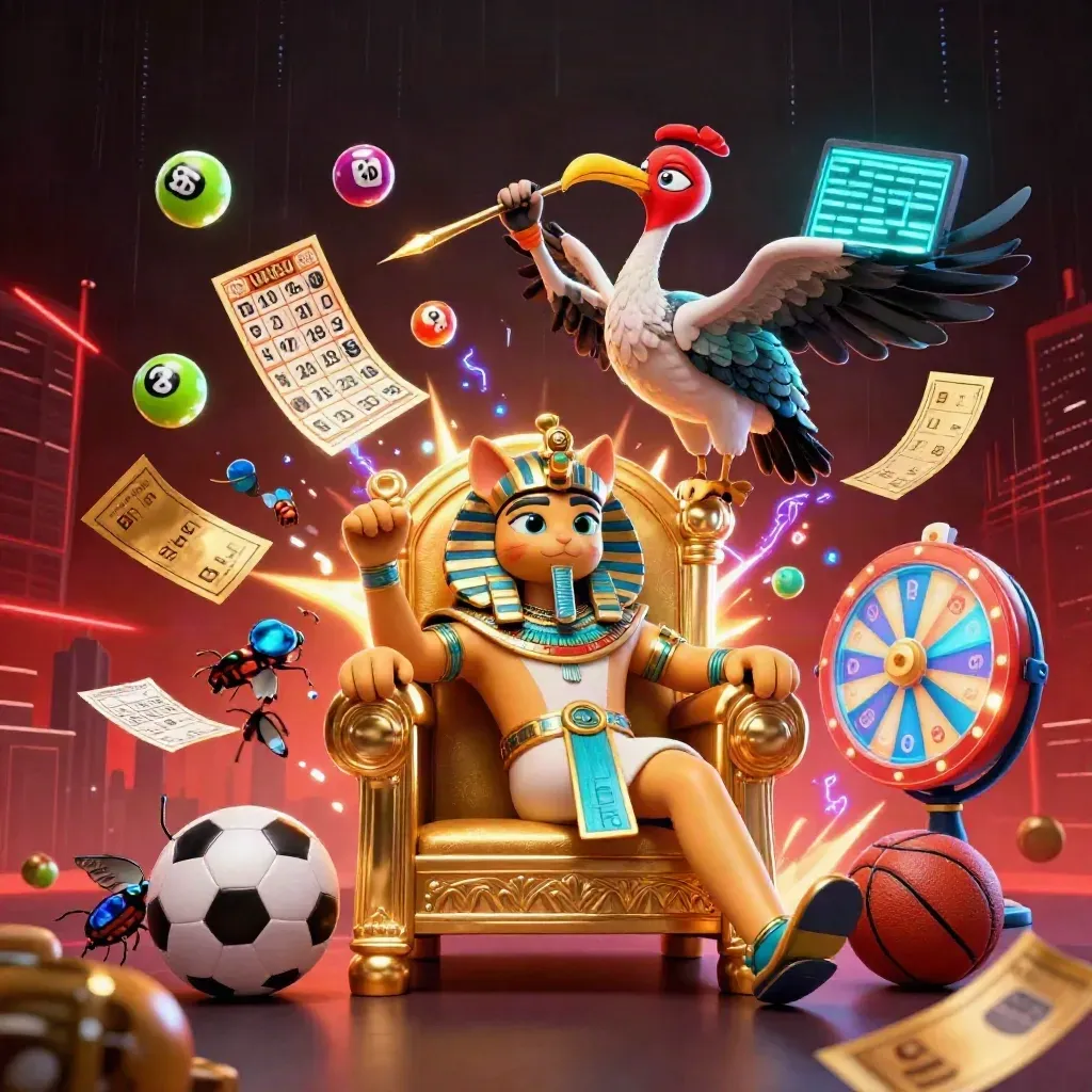 Pharaoh cat, ibis scribe, and gem-winged scarabs amid casino game bursts and neon energy