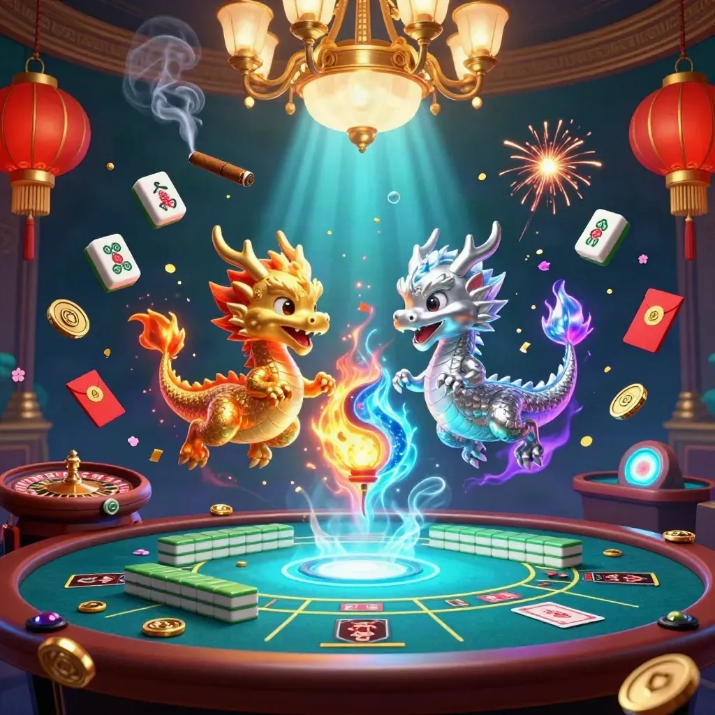 Twin gold and silver dragons spiral in a neon casino scene with lanterns, coins and cinematic light.