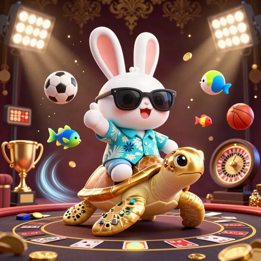 Lucky rabbit rides a golden sea turtle amid casino lights, sports balls and gold coins