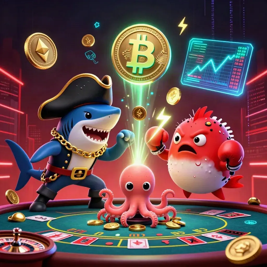 Pirate shark, boxing pufferfish, and coin-juggling octopus amid neon casino crypto chaos.