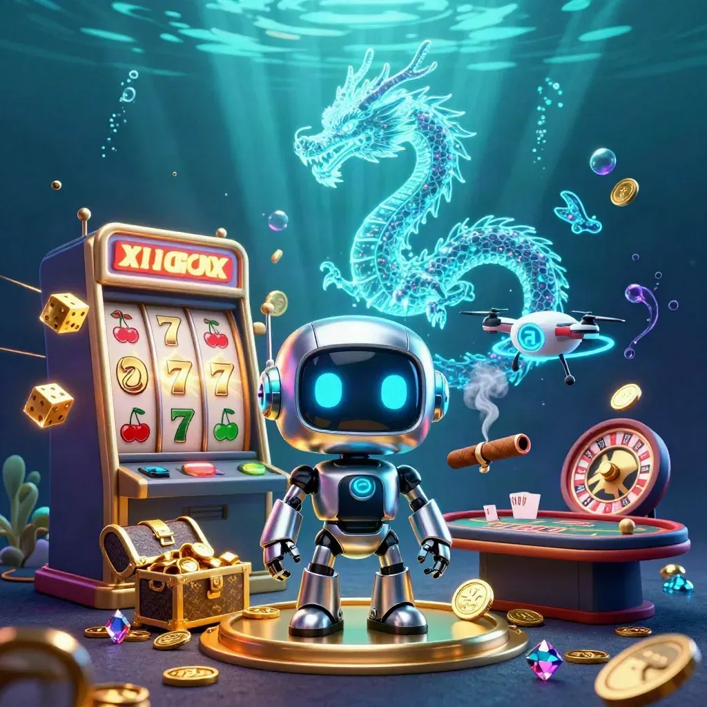 Cyberpunk robot, holographic dragon and coin drone in a glowing underwater casino burst.