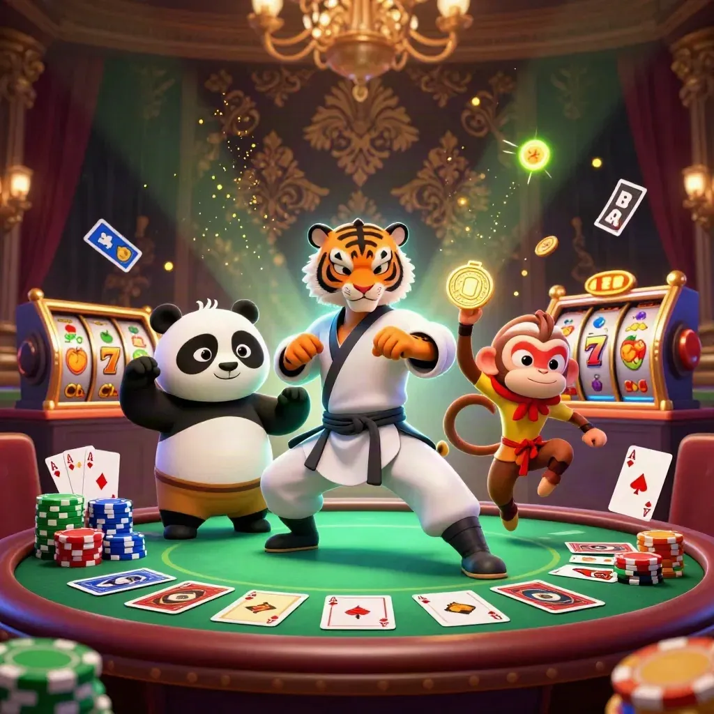 Kung-fu tiger, panda, and monkey amid casino chips, cards, reels, and glowing effects.