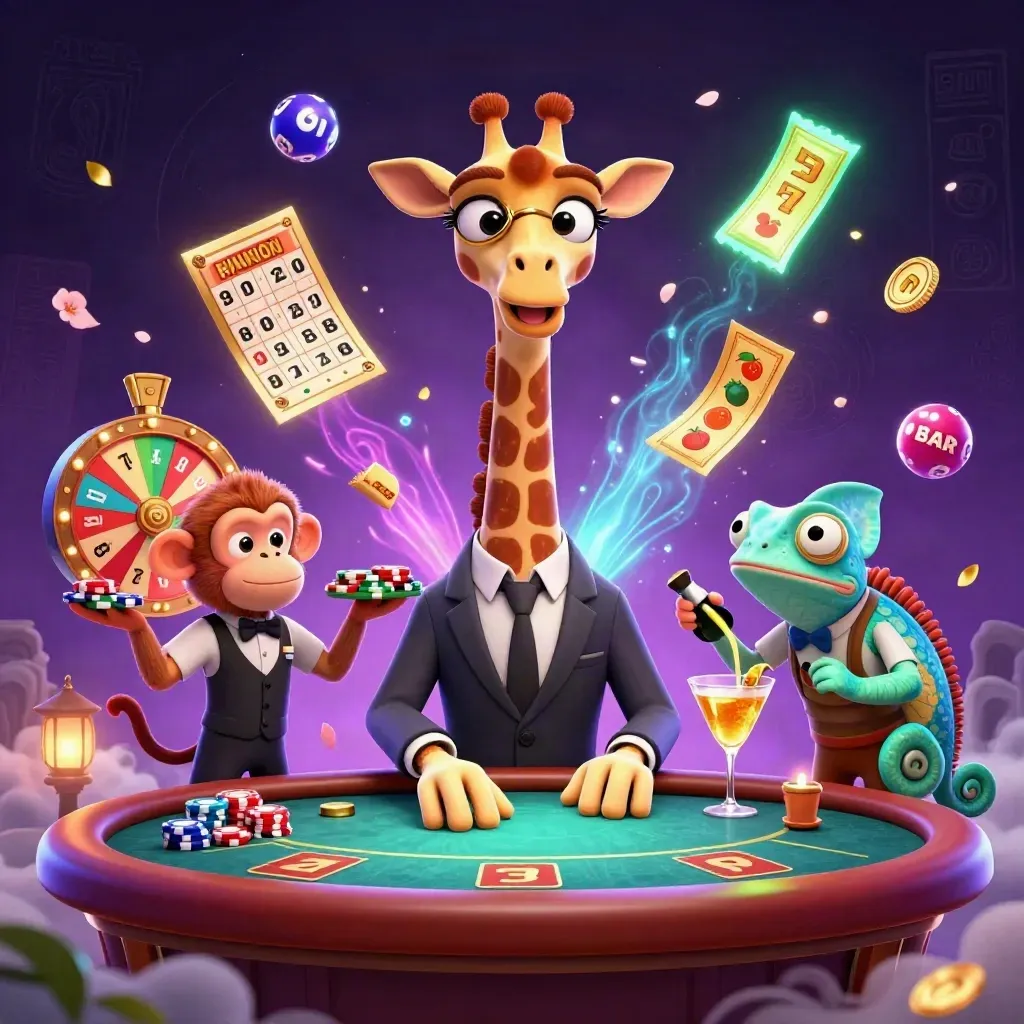 High-roller giraffe, monkey valet, and chameleon bartender amid casino chaos and glowing neon effects.