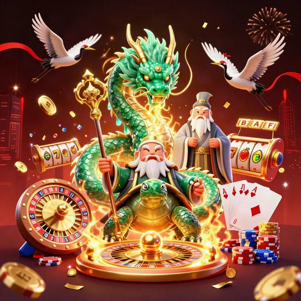 Emerald dragon, turtle sage and cranes amid casino reels, coins and neon energy.