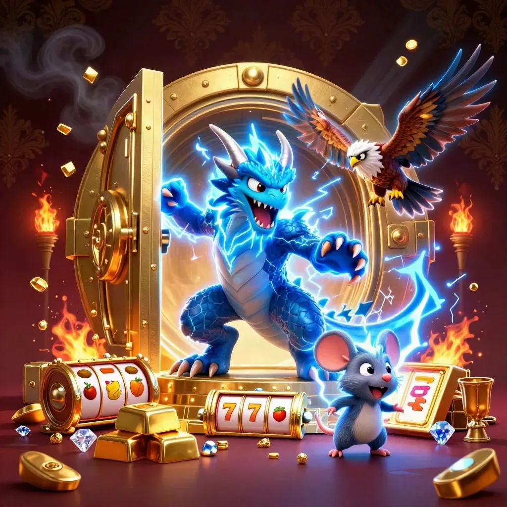 Thunder dragon, wind hawk, and static mouse burst from a golden vault amid jewels and neon casino energy.