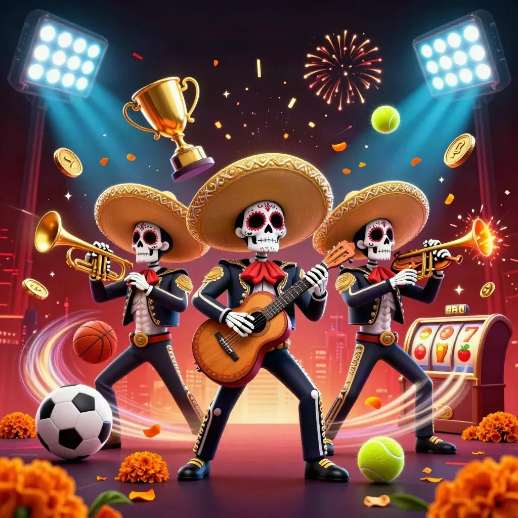 Three mariachi skeletons amid flying sports balls, trophies, coins and neon casino effects.