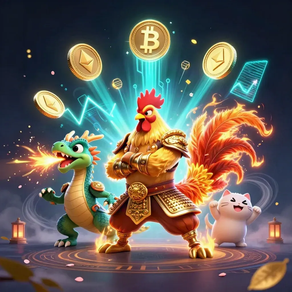 Rooster samurai, spark-breathing dragon hatchling and cheering cat amid cyan casino energy