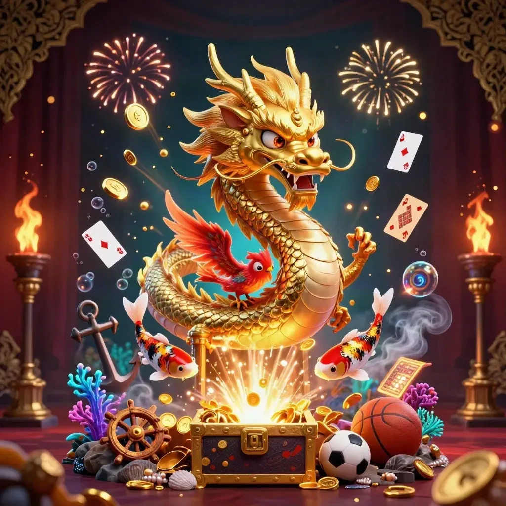 Golden dragon, phoenix, koi and casino treasures burst in a dark luxury fantasy scene.