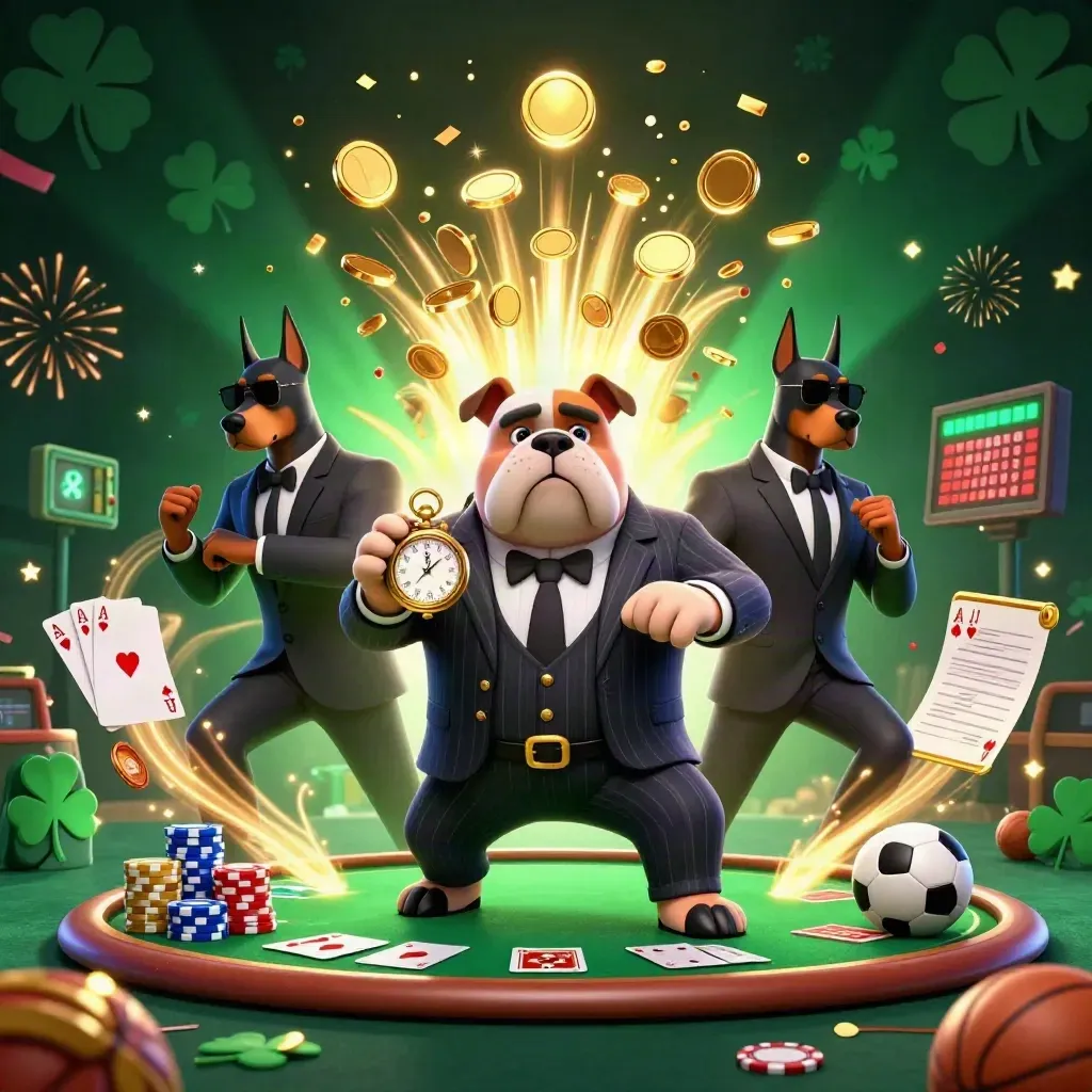 Bulldog boss with two Doberman guards amid poker chips, coins, fireworks, and casino loot