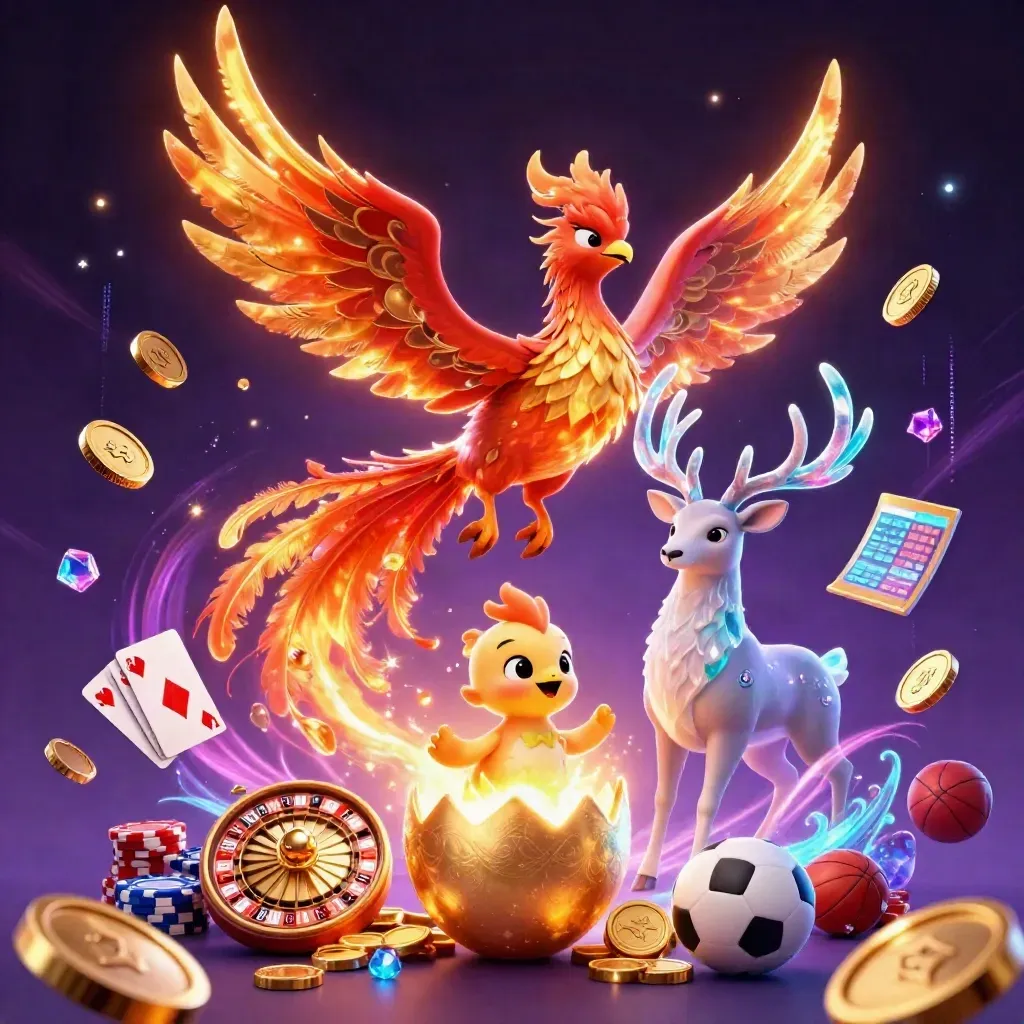 Phoenixes and a crystal stag burst through casino riches with coins, cards, chips, and neon energy.