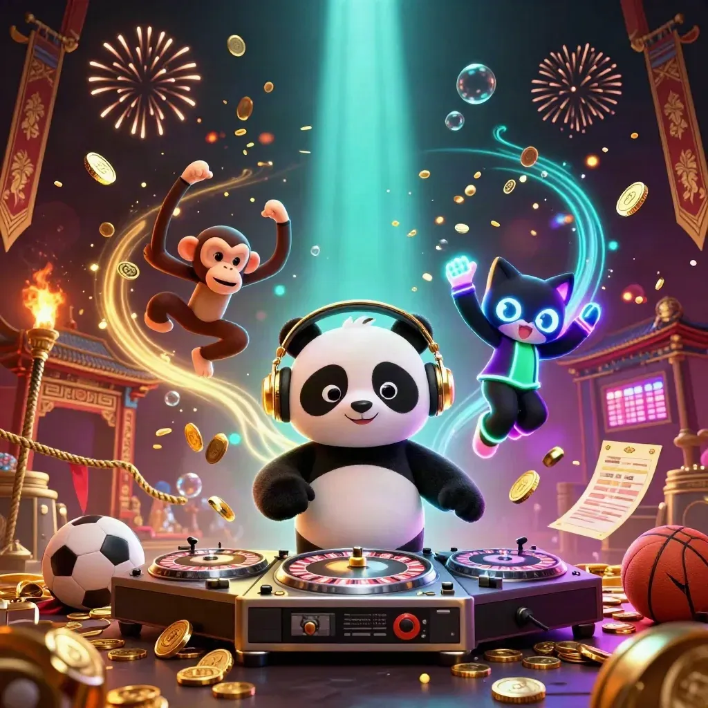 DJ panda, breakdancing monkey, and glow kitten amid coins, temple gate, and neon casino energy.