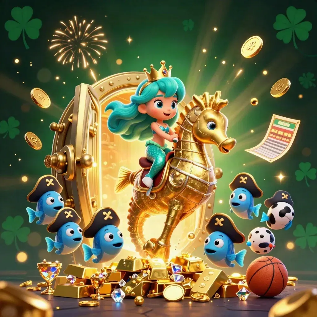 Turquoise mermaid princess on armored seahorse amid vault gold, pirate fish, and casino lights
