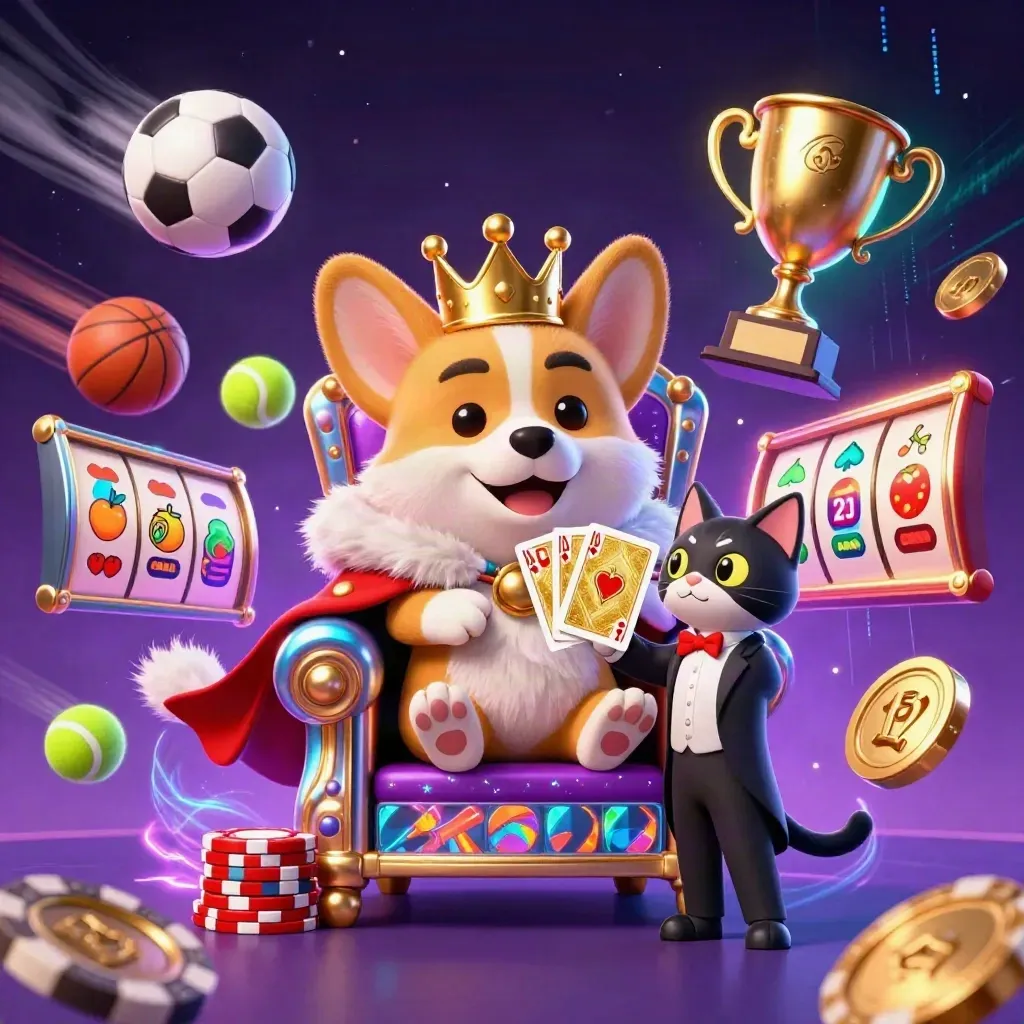 Royal corgi and cat butler on poker chips with neon casino effects and flying sports balls.