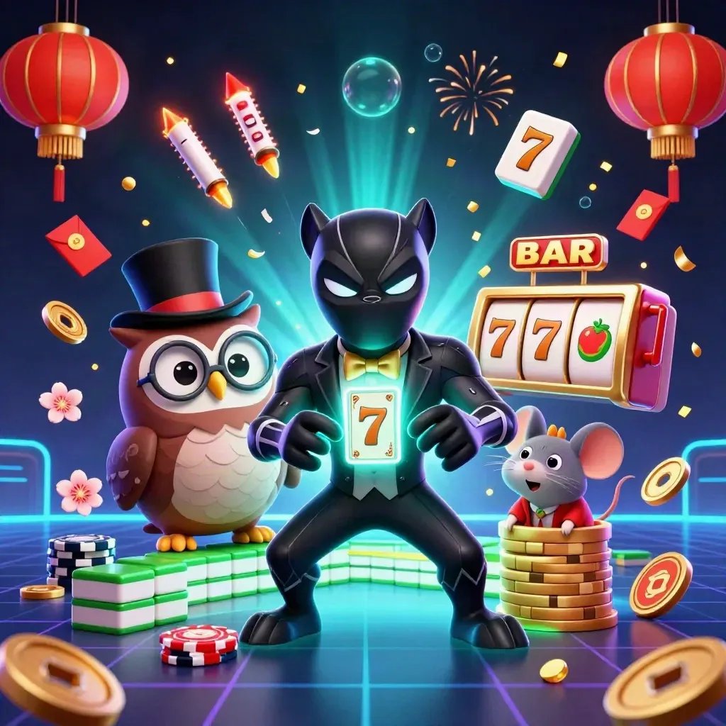 Panther dealer with owl and mouse amid glowing casino icons in navy, cyan, and lime.
