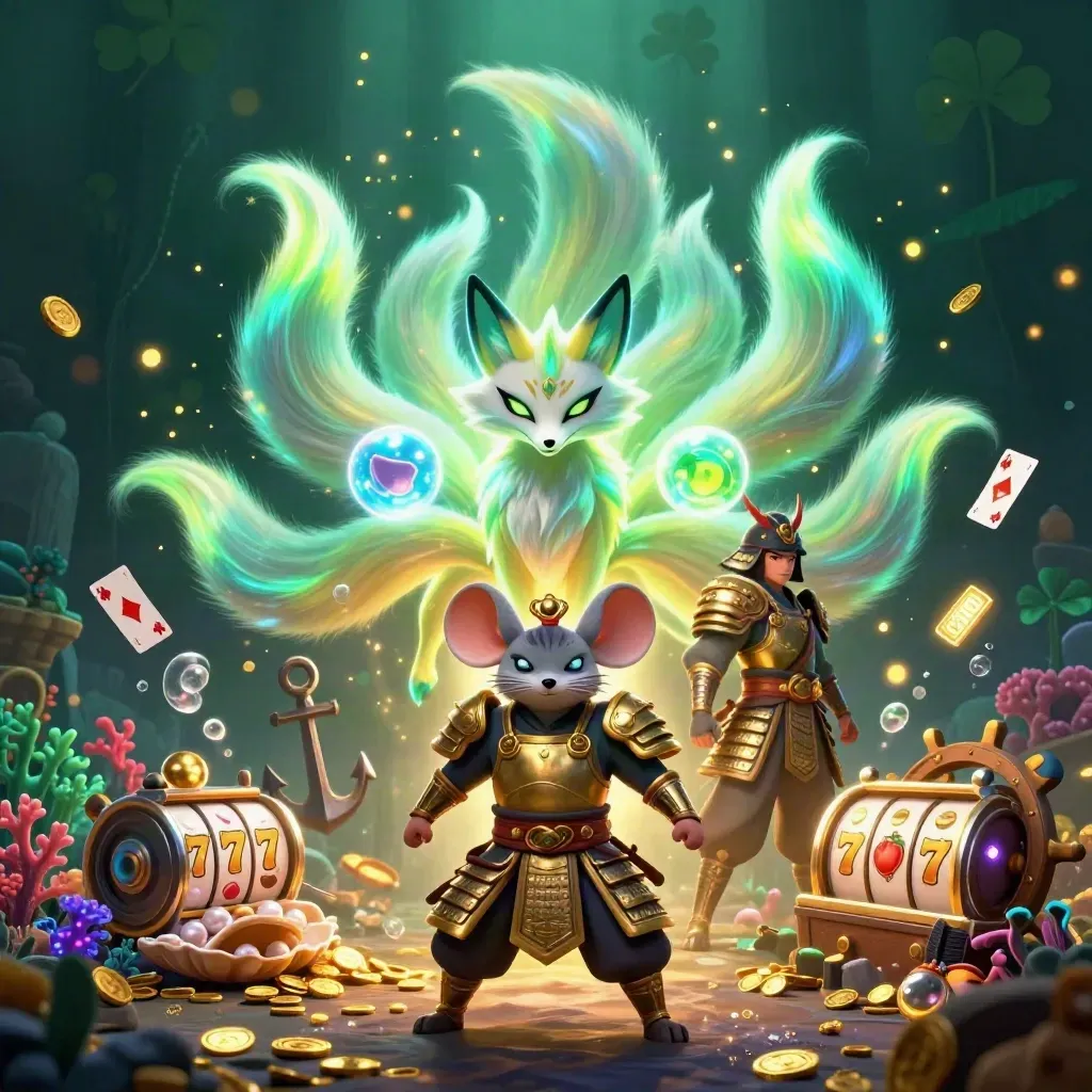 Nine-tailed fox spirit and armored mouse amid treasure, reels, bubbles, and glowing casino effects