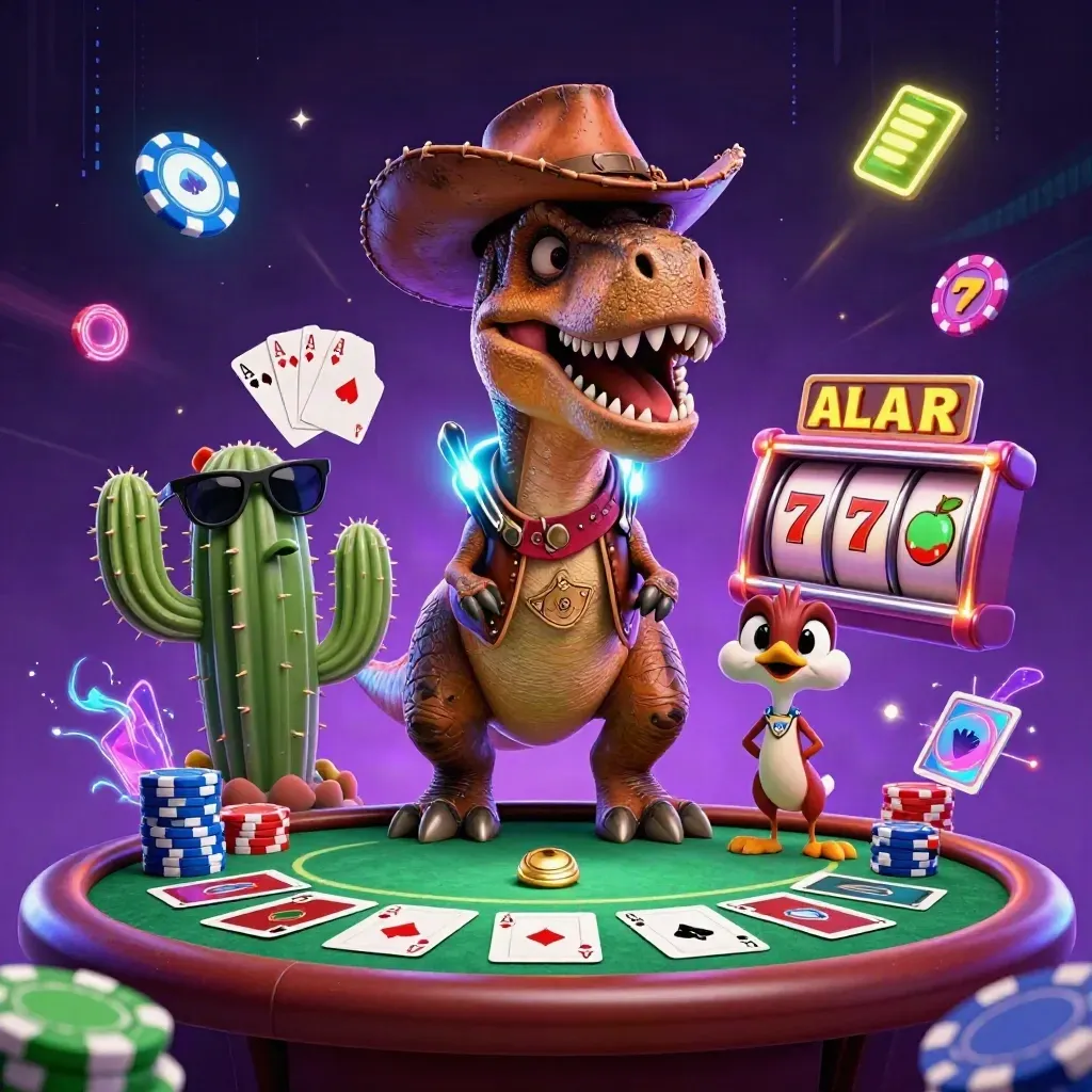 Cowboy T-Rex, cactus sidekick, and sheriff roadrunner amid neon casino chaos.