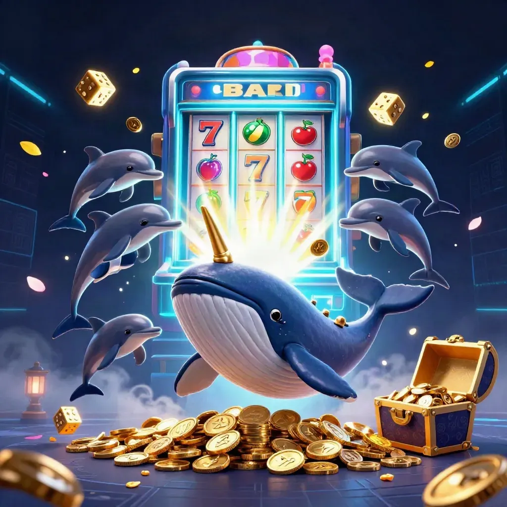 Whale captain, narwhal, and dolphins explode from coins around a glowing slot machine.