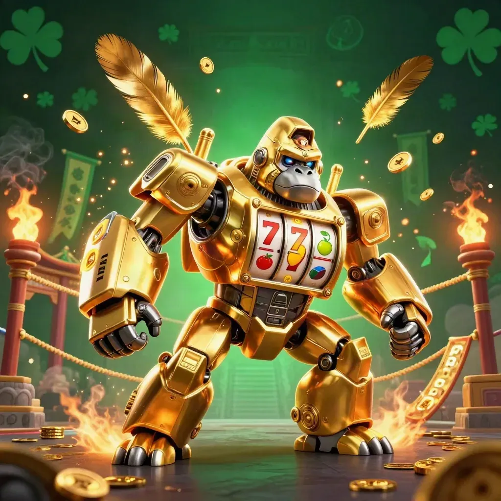 Golden gorilla slot-mech with tiny monkey pilot amid coins, reels, torches, and temple gate.