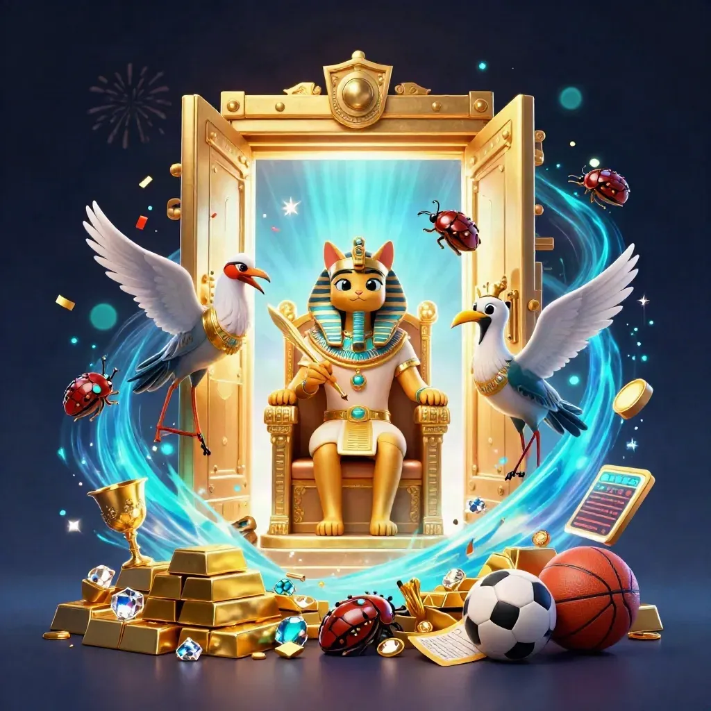 Pharaoh cat, ibis scribe, and jeweled scarabs amid gold vault treasure and neon casino effects.