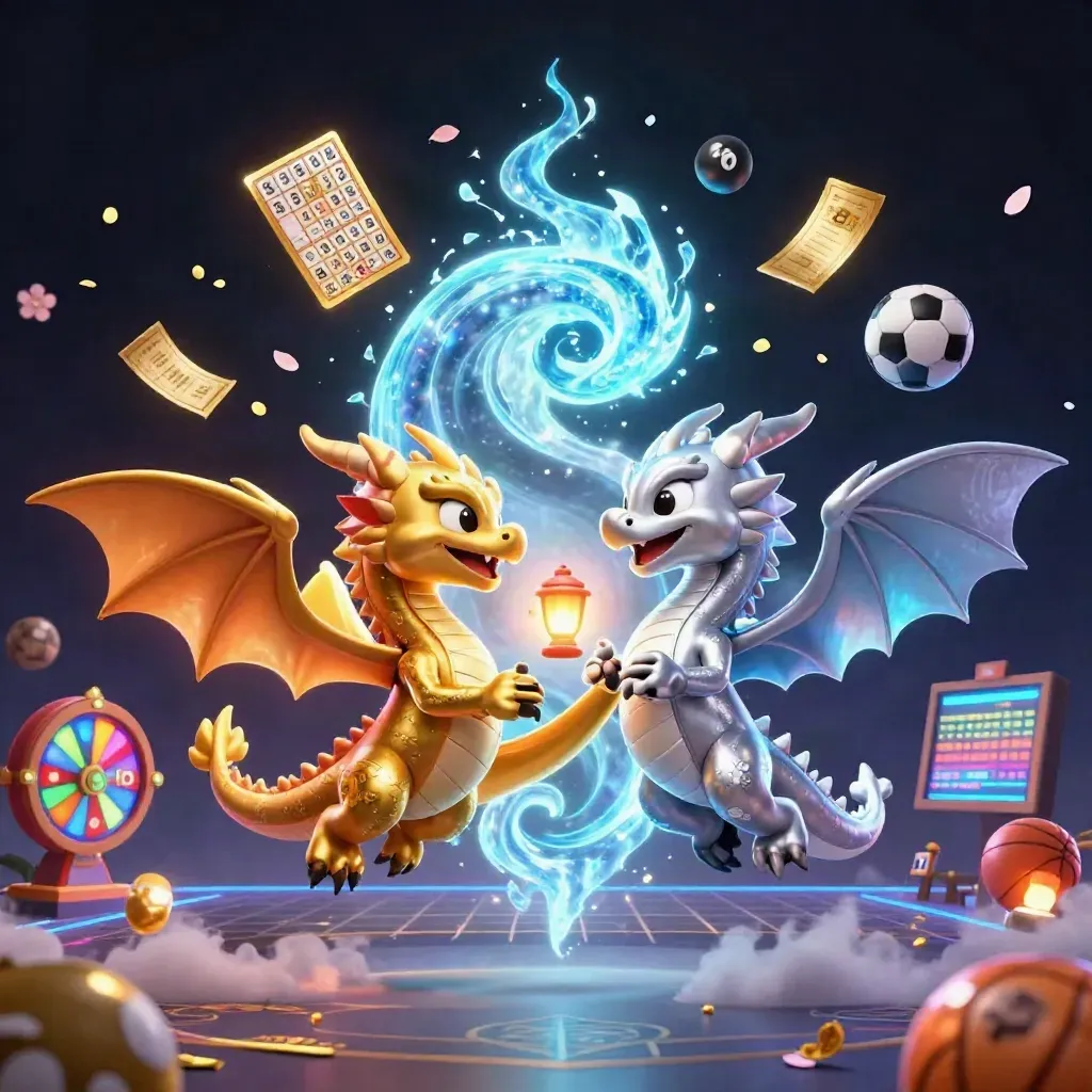Twin dragons swirl around casino prizes on a neon indigo grid background.