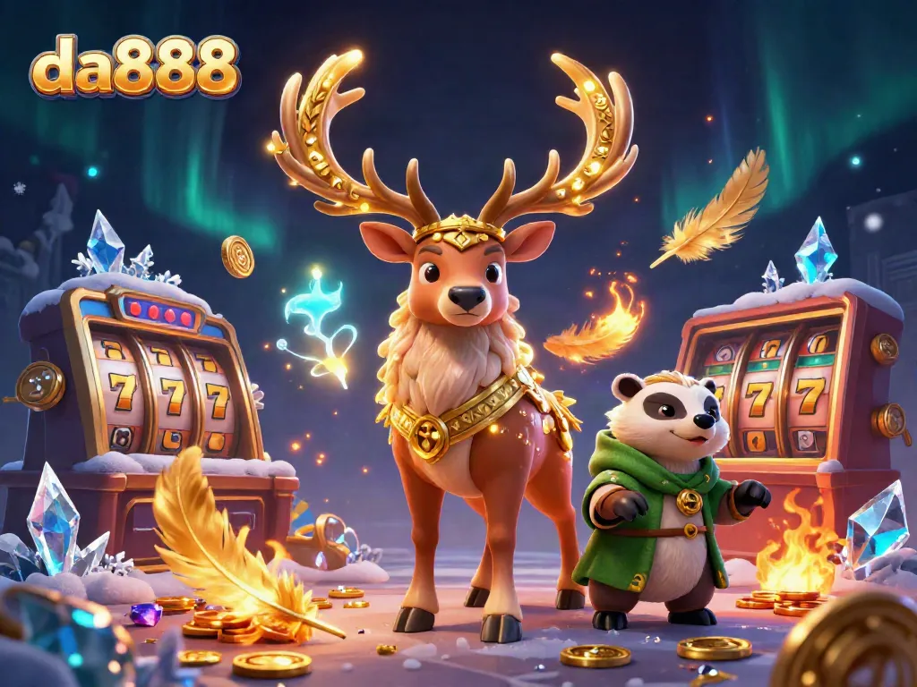 Engage with da888 in a vibrant casino scene filled with gold coins and glowing runes.