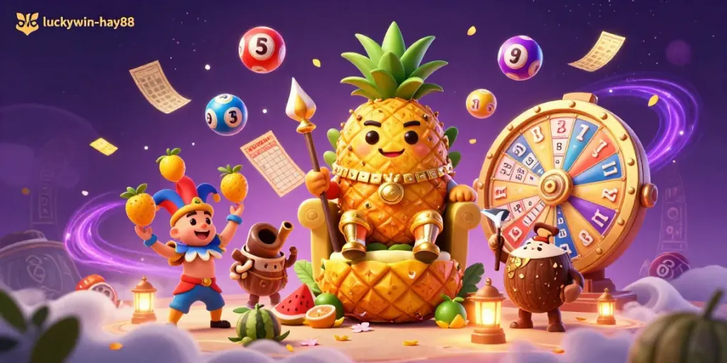 Experience the vibrant action of luckywin-hay88 through a festive beach casino scene featuring dynamic lottery elements and a whimsical pineapple king.