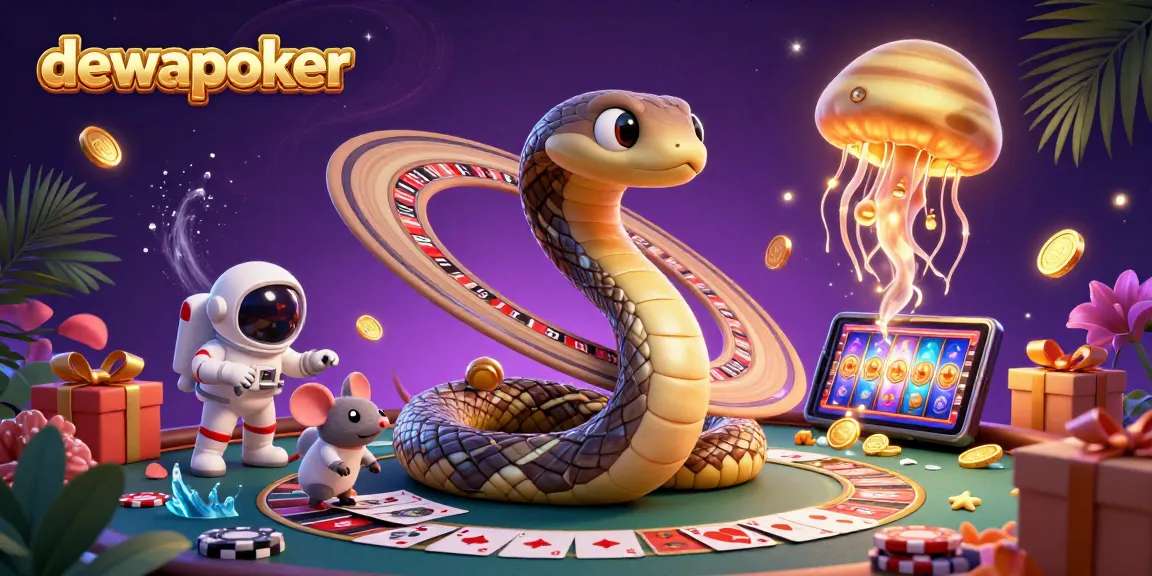 Dewapoker scene of gaming excitement, featuring a poker table, coin eruptions, and cosmic characters.