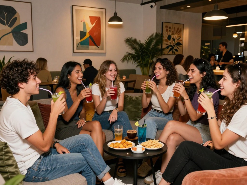 Spicy chat among friends in a vibrant lounge with cocktails and laughter.